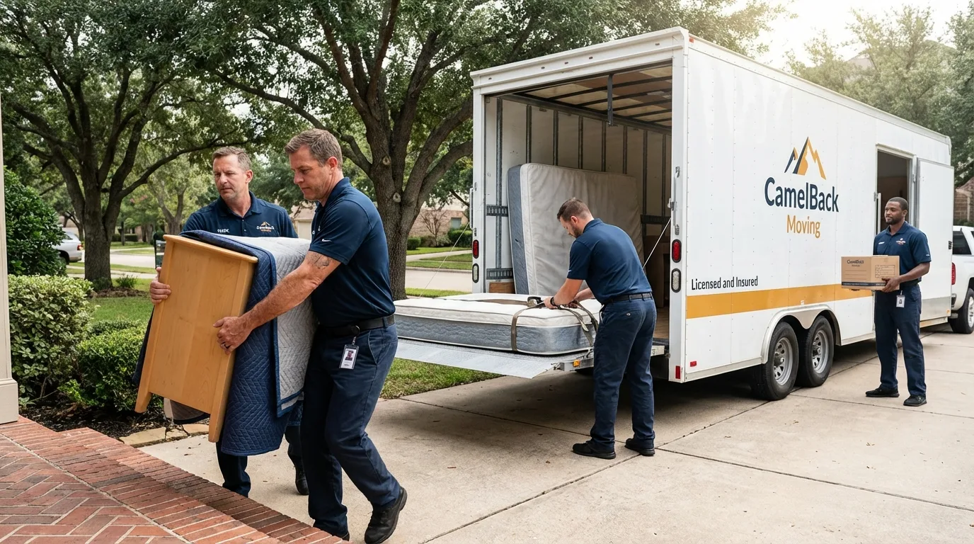 Crew loading residential truck for cross-state move from Bastrop, LA