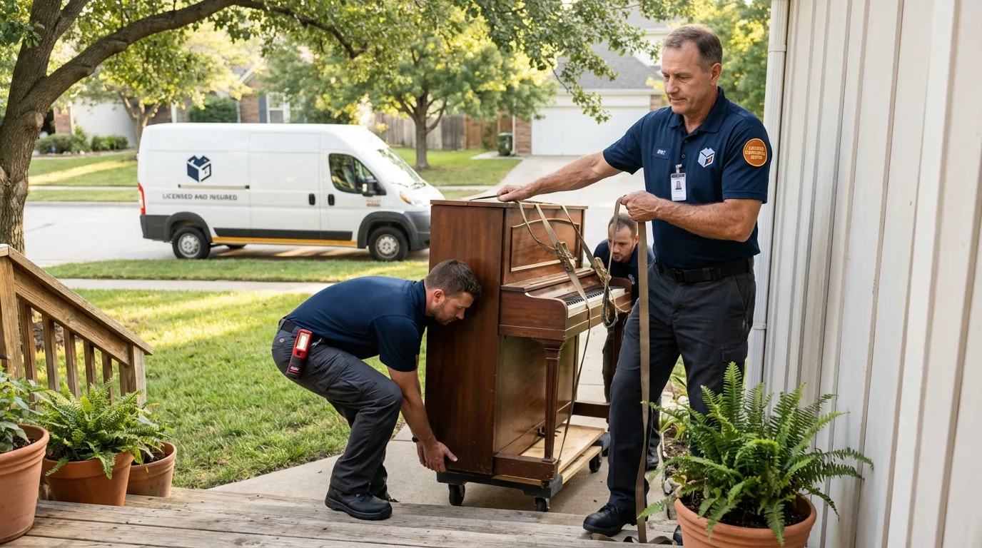 Licensed piano movers securing grand piano in Bastrop, LA