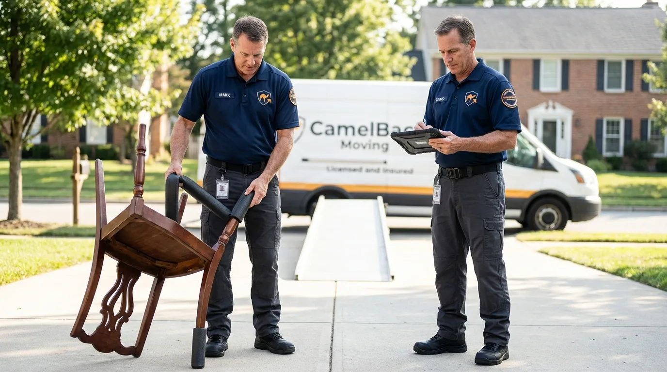 Movers inspecting furniture for damage prevention before loading in Bastrop, LA
